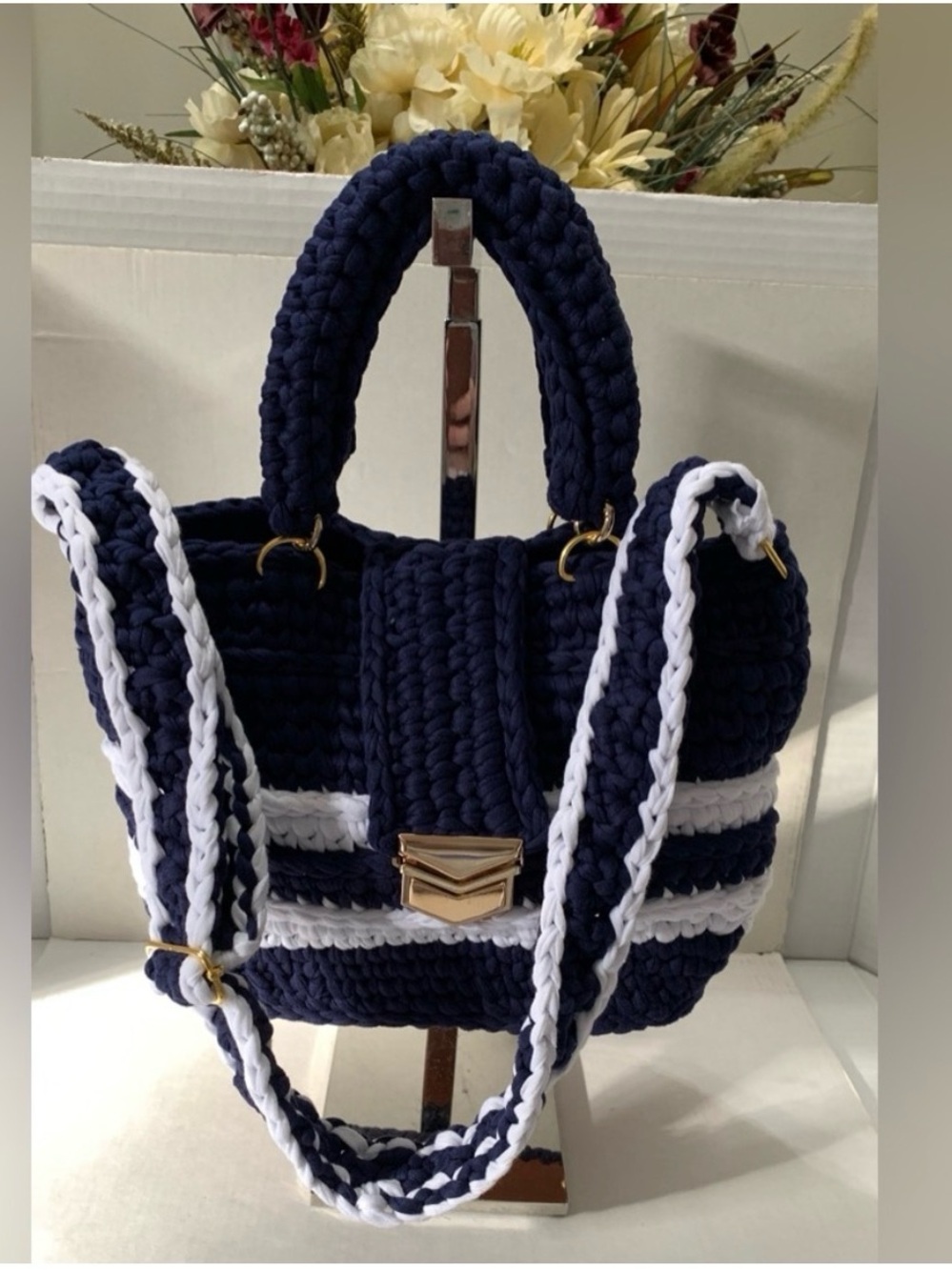 Handcrafted Navy and White Crochet Short handled and Long Strap Bag